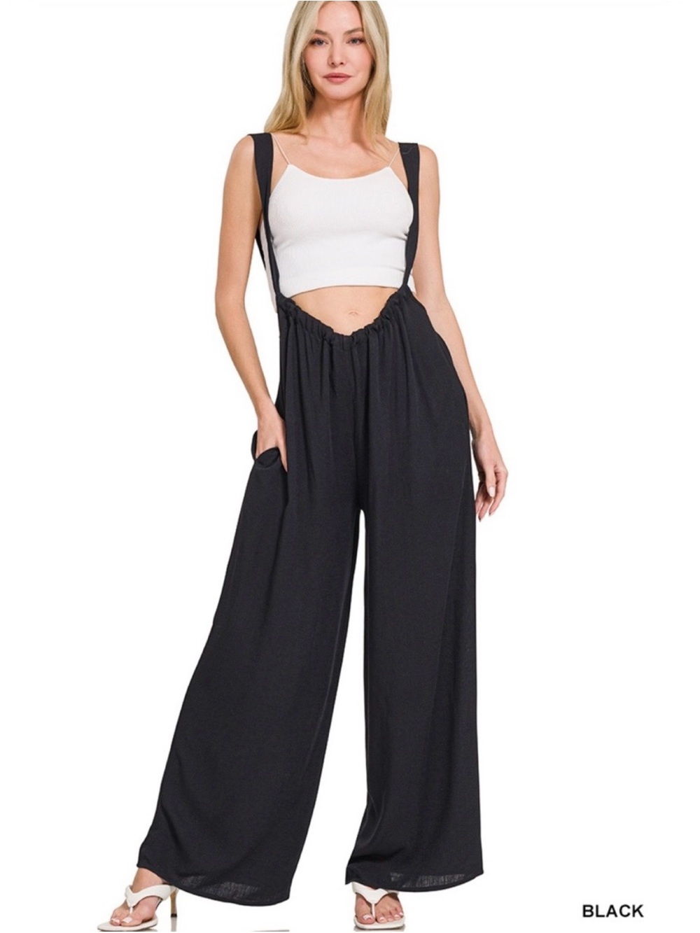 Zenana Outfitters Black Wide-Leg Suspender Jumpsuit Pants